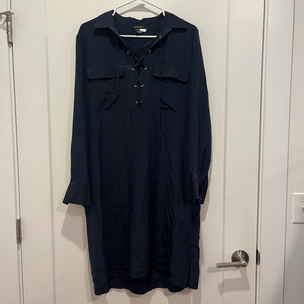 Club Monaco Navy Blue 100% Silk Lace Up Grommet Shirt‎ Dress Size 10 Long Sleeve